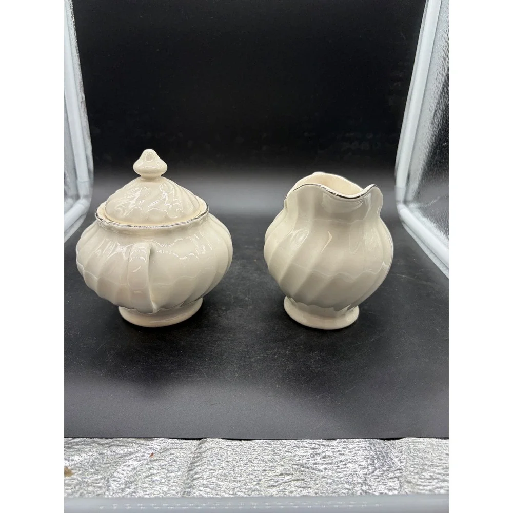 Vintage Creamer and Sugar‎ Bowl Set Off White Swirl Ceramic Silver Trim Lid